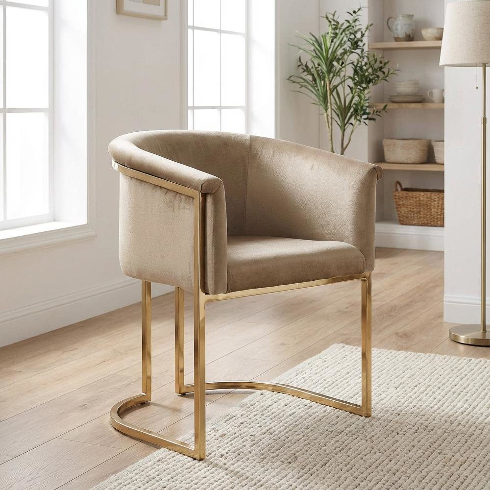 Beige Velvet Dining Chair in Brushed Brass with Contemporary Back Support