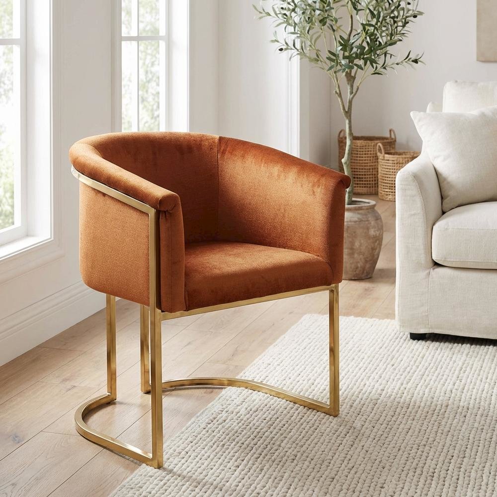 Brushed Brass Dining Chair with Cognac Velvet Upholstery and Contemporary Design