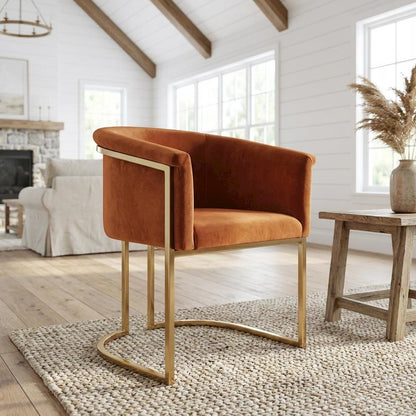 Brushed Brass Dining Chair with Cognac Velvet Upholstery and Contemporary Design