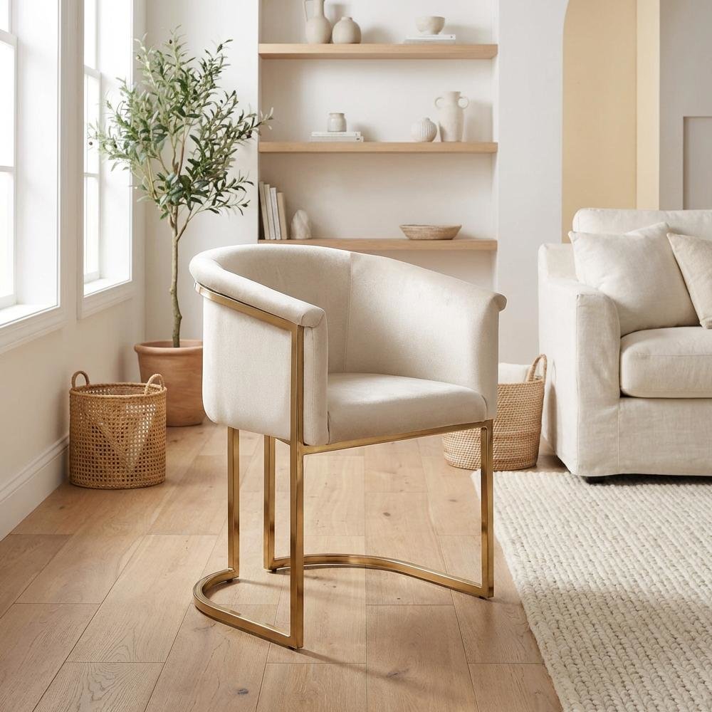 Dining Chair Brushed Brass with Cream Velvet Upholstery and Contemporary Design
