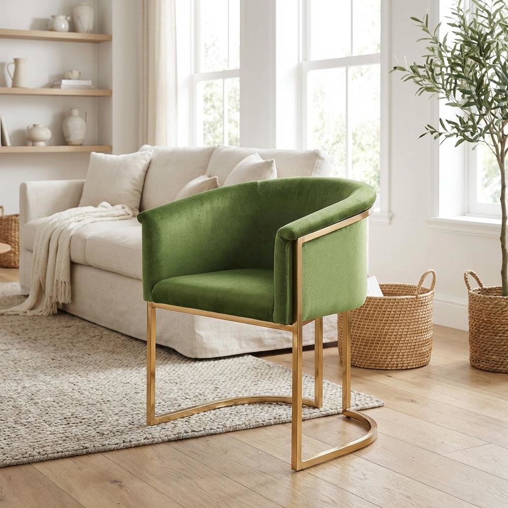 Brushed Brass Dining Chair with Olive Velvet Upholstery and Contemporary Design