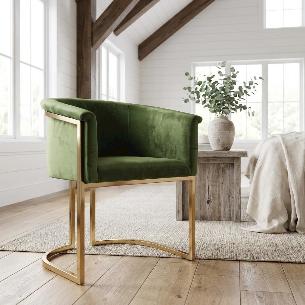Brushed Brass Dining Chair with Olive Velvet Upholstery and Contemporary Design