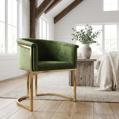 Brushed Brass Dining Chair with Olive Velvet Upholstery and Contemporary Design