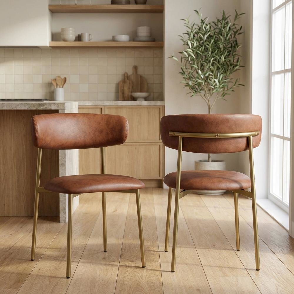 Brushed Gold Vegan Leather Dining Chair Set of 2 with Contemporary Design