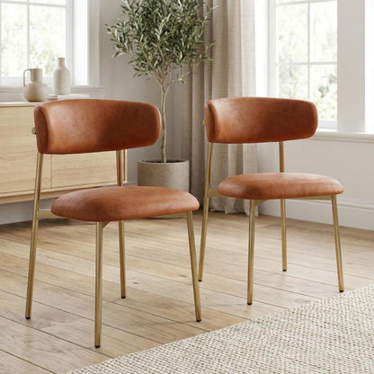 Brushed Gold Vegan Leather Dining Chair Set of 2 with Contemporary Design