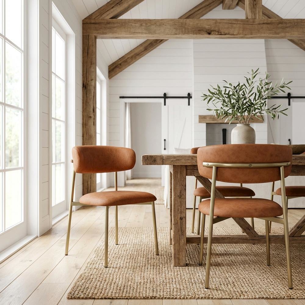 Brushed Gold Vegan Leather Dining Chair Set of 2 with Contemporary Design