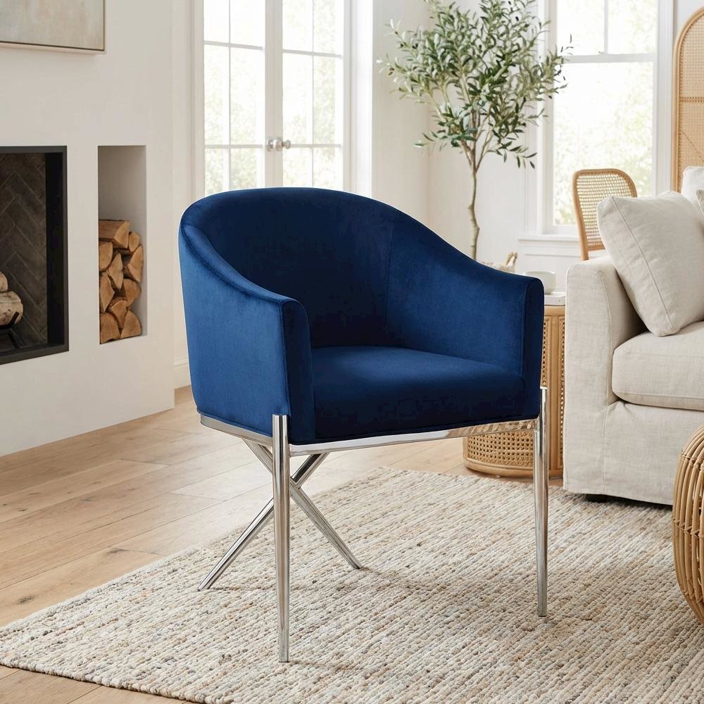 Chrome Dining Chair with Velvet Upholstery and Armrests Contemporary Style