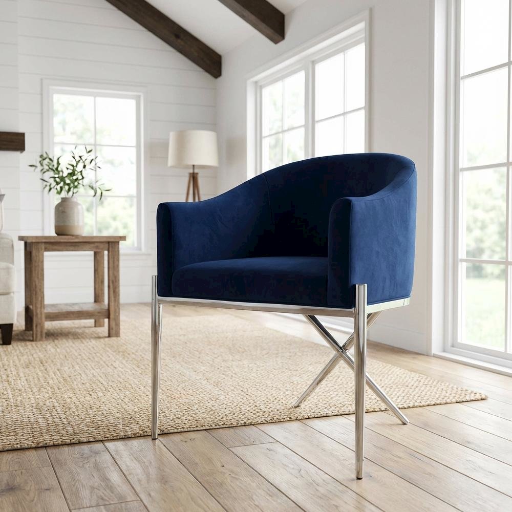 Chrome Dining Chair with Velvet Upholstery and Armrests Contemporary Style