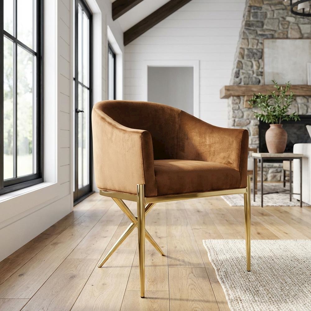 Gold Velvet Dining Chair with Armrests and Contemporary Design for Comfort
