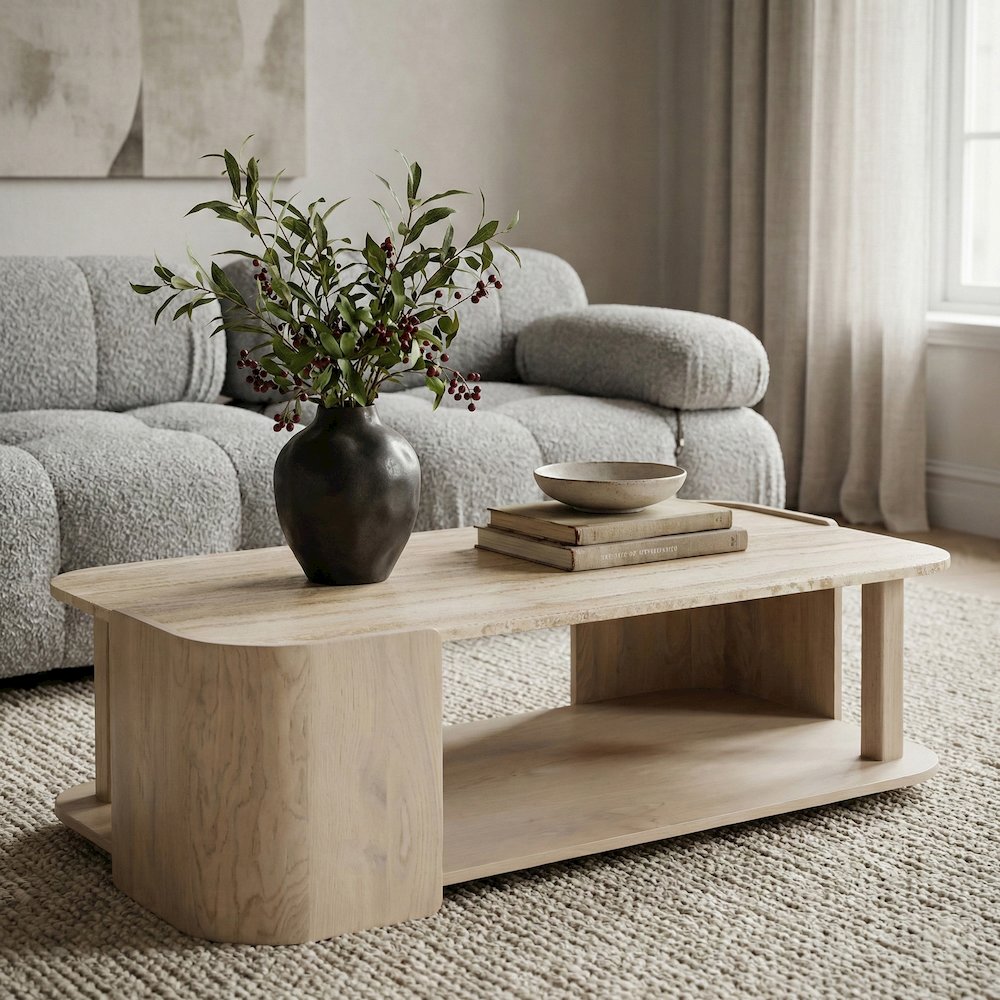 Calabria Beige / Cream Marble And Oak Wood Coffee Table
