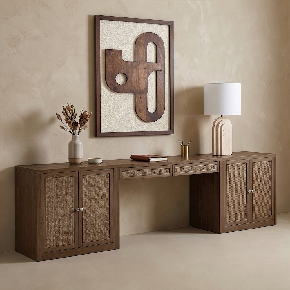 Avro Brown Cane, Solid Wood And Oak Veneer 3pc. Desk
