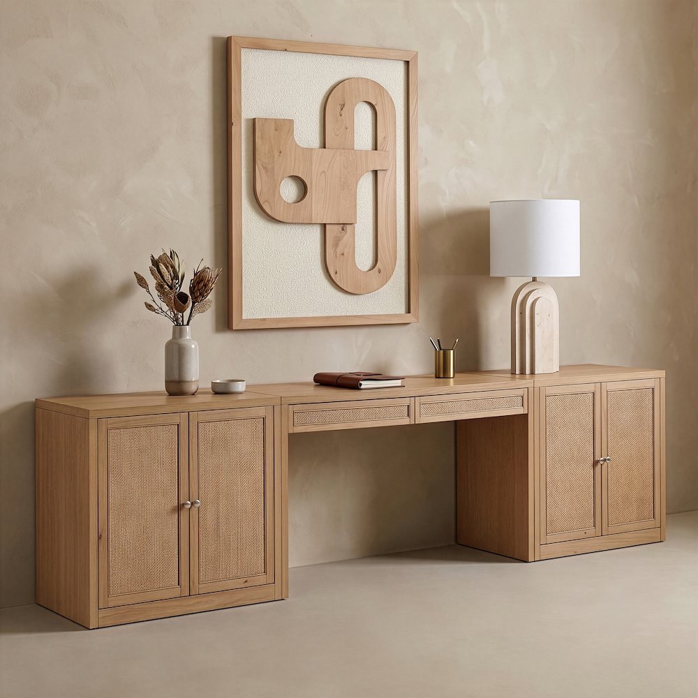 Avro Natural Cane, Solid Wood And Oak Veneer 3pc. Desk