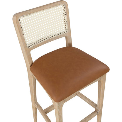 Atrium Cognac Cane Back And Vegan Leather Upholstered Bar Stool, Set of 2