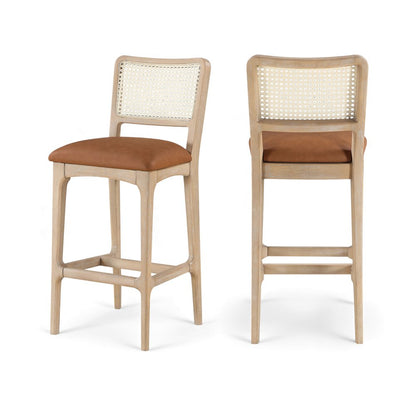 Atrium Cognac Cane Back And Vegan Leather Upholstered Bar Stool, Set of 2