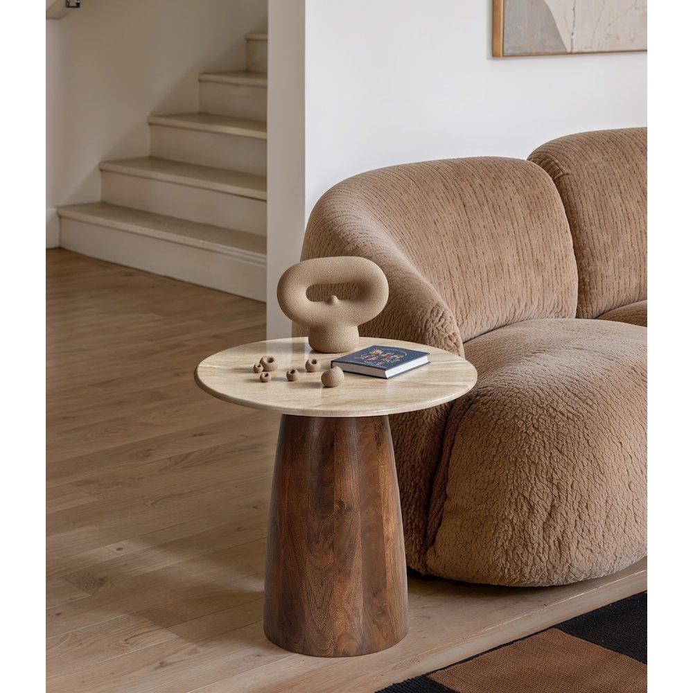 Liona Beige Marble And Mango Wood End Table