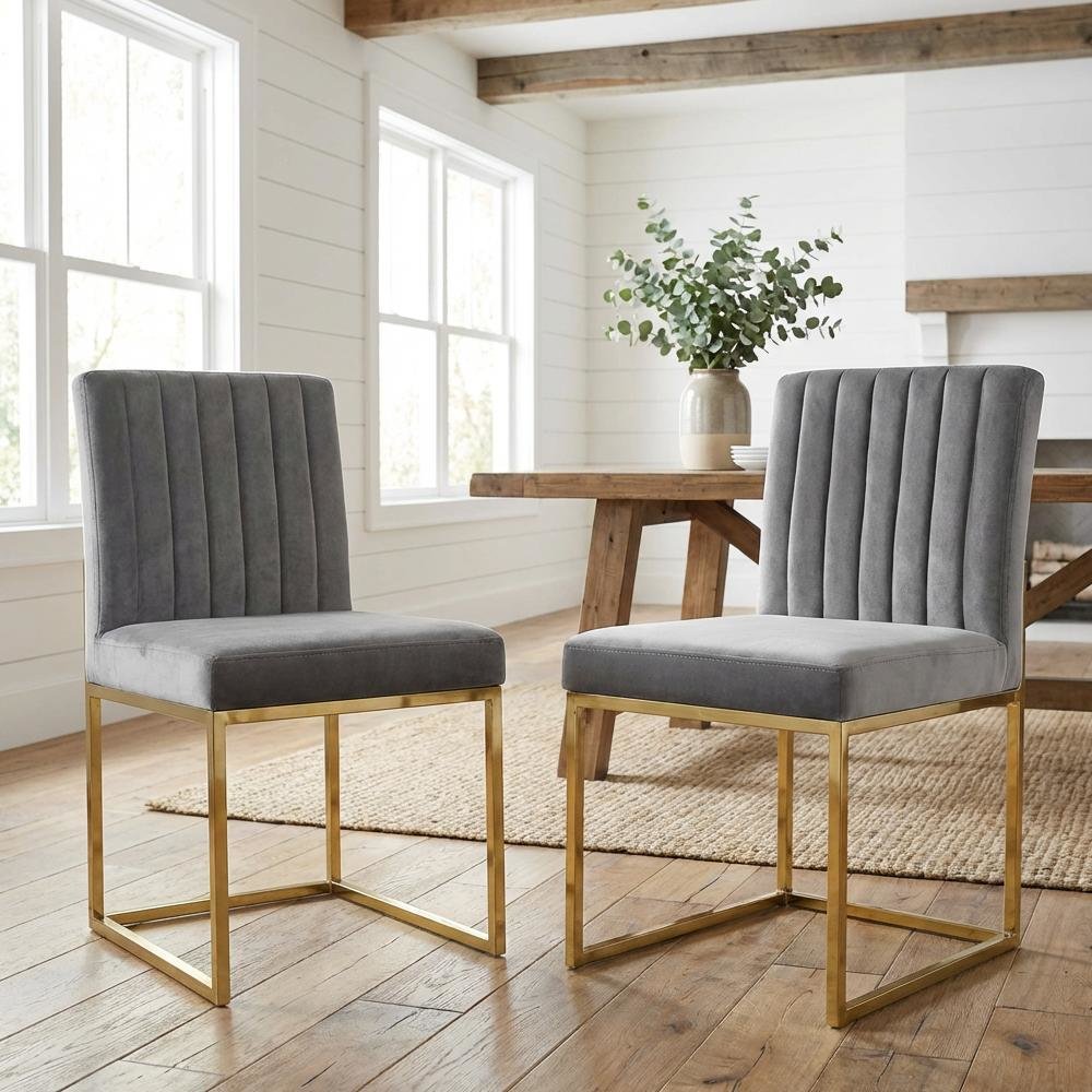Gold Velvet Dining Chairs Set of 2 with Contemporary Back Support