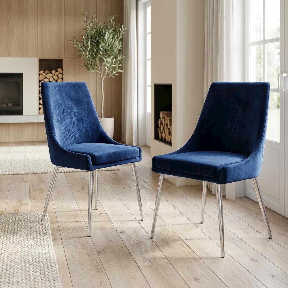 Chrome Dining Chairs Set of 2 with Navy Velvet Upholstery