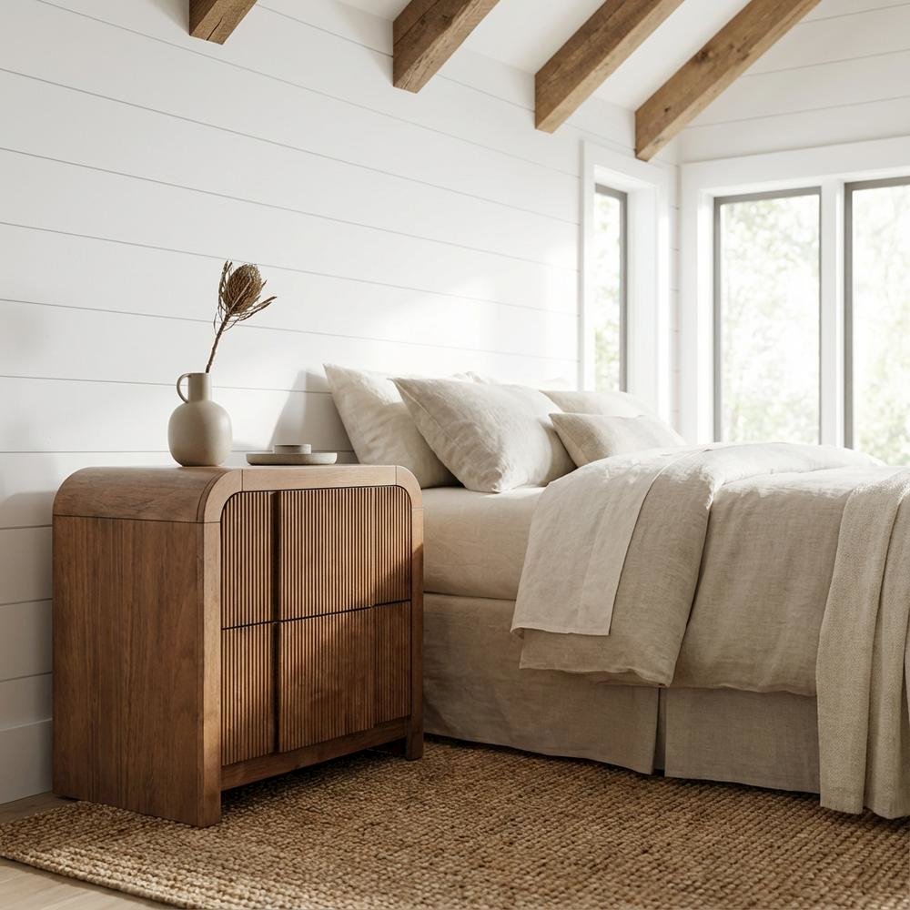Walnut Nightstand with Art Deco Style and Interior Drawer Storage