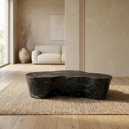 Black Marble Finish Concrete Coffee Table with Art Deco Style and Flat Legs