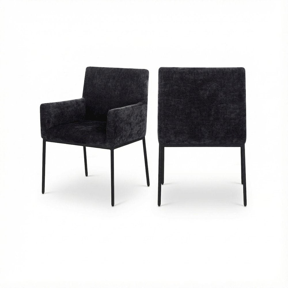 Matte Black Chenille Fabric Dining Chairs Set of 2 with Arms and Cushioned Seats