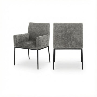 Matte Black Chenille Fabric Dining Chairs Set of 2 - Armrests, Cushioned Seats