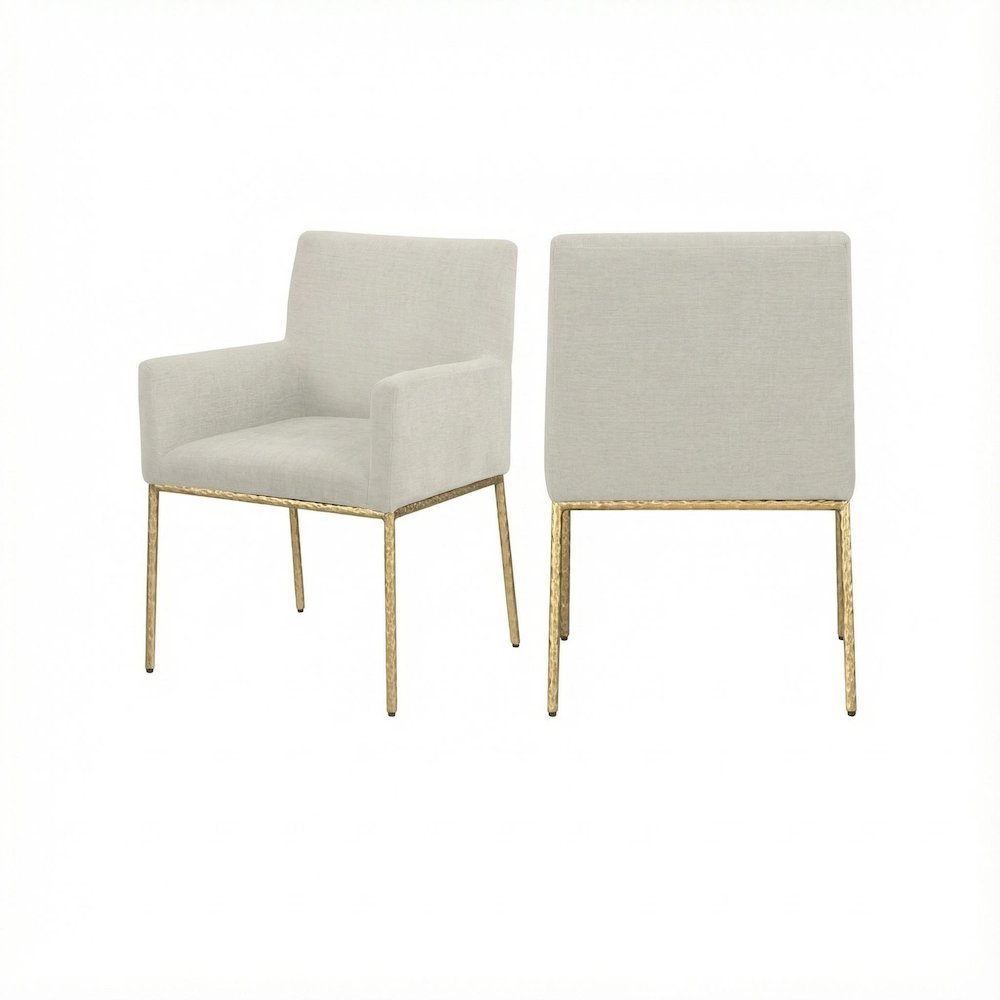 Cream Chenille Dining Chairs Set of 2 with Brushed Brass Frame and Armrests