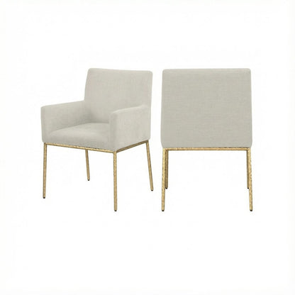 Cream Chenille Dining Chairs Set of 2 with Brushed Brass Frame and Armrests
