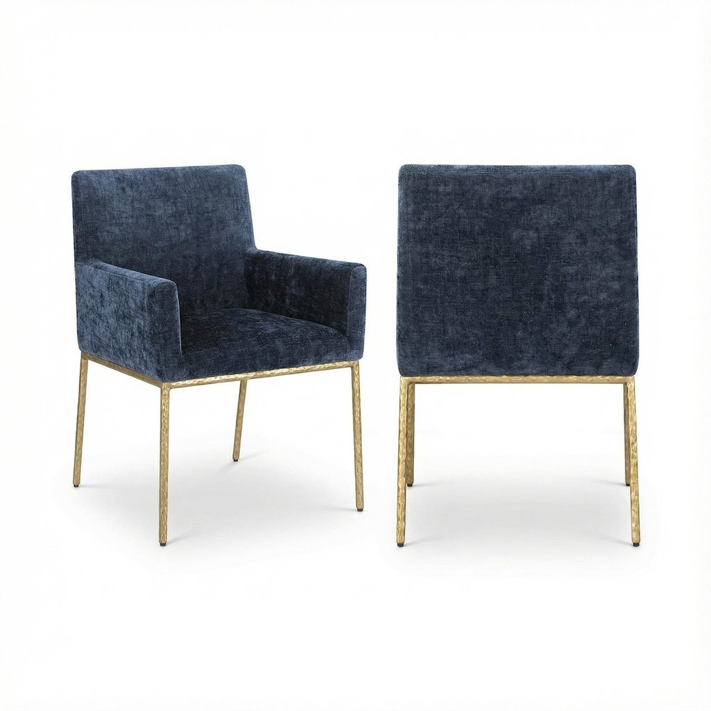 Navy Chenille Dining Chair Set of 2 - Brushed Brass Legs, Contemporary Design