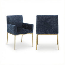 Navy Chenille Dining Chair Set of 2 - Brushed Brass Legs, Contemporary Design