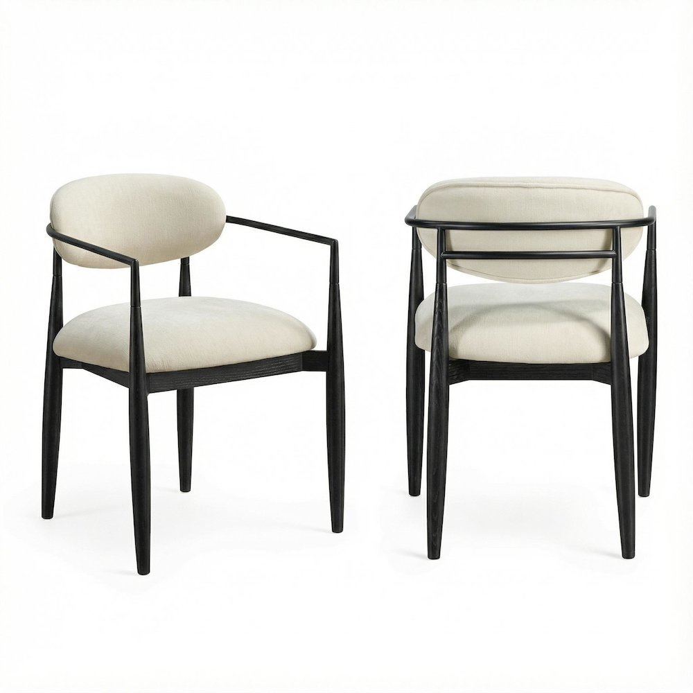 Beige Performance Fabric Dining Arm Chairs Set of 2 with Stained Ash Wood Legs
