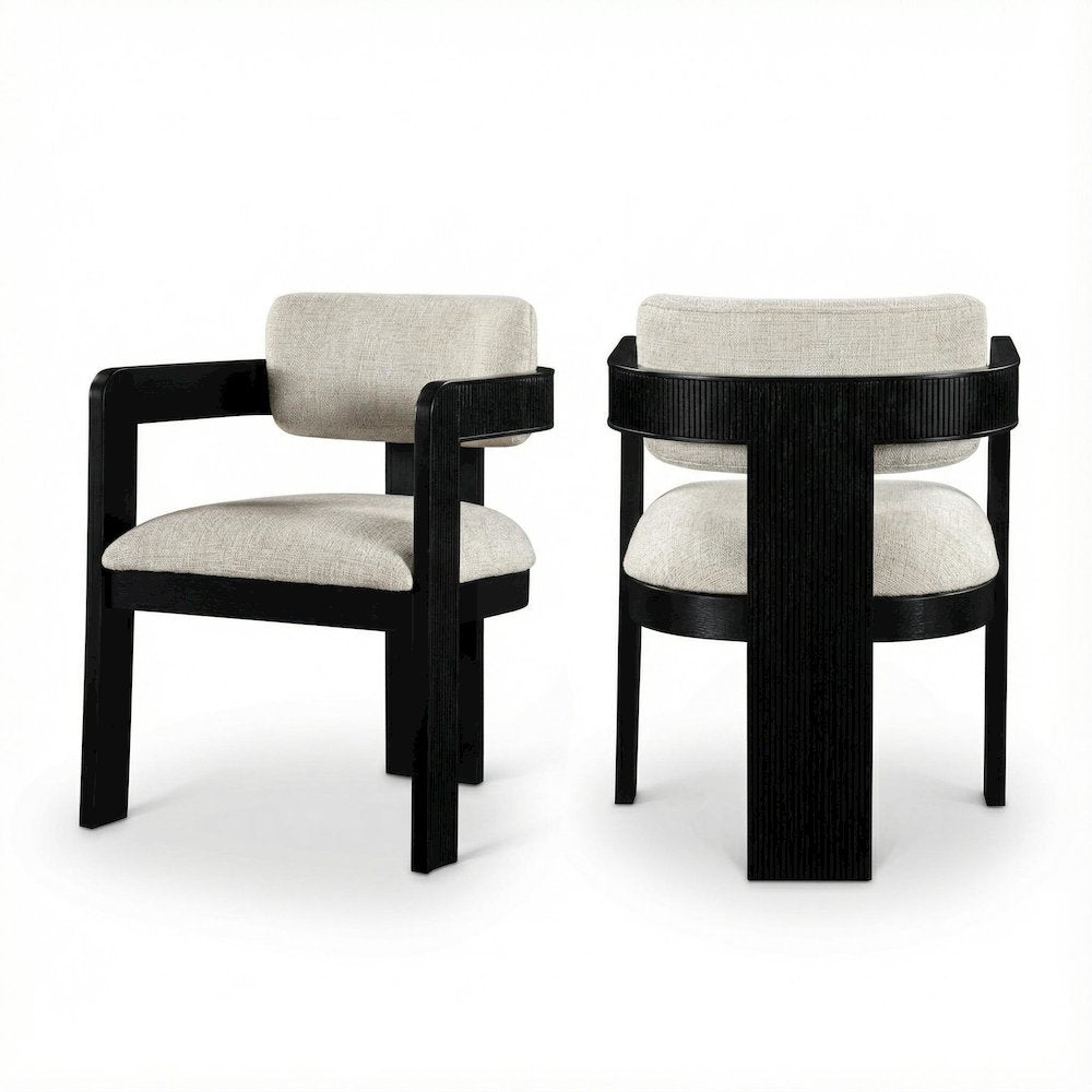Black Art Deco Dining Chairs Set of 2 with Armrests and Textured Fabric