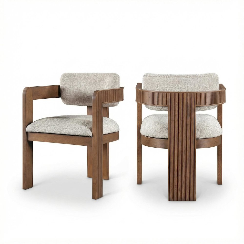 Brown Linen Textured Dining Chairs Set of 2 with Armrests and Art Deco Design