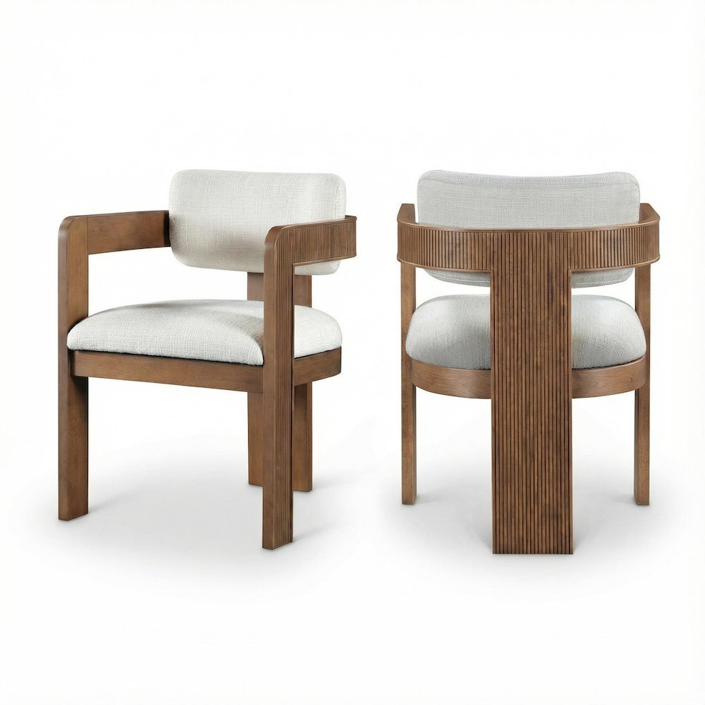 Brown Linen Textured Dining Chair Set of 2 with Armrests and Art Deco Design