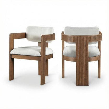 Brown Linen Textured Dining Chair Set of 2 with Armrests and Art Deco Design