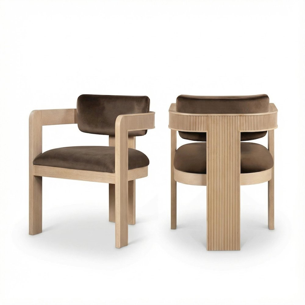 Neutral Velvet Dining Chairs Set of 2 with Armrests and Art Deco Design