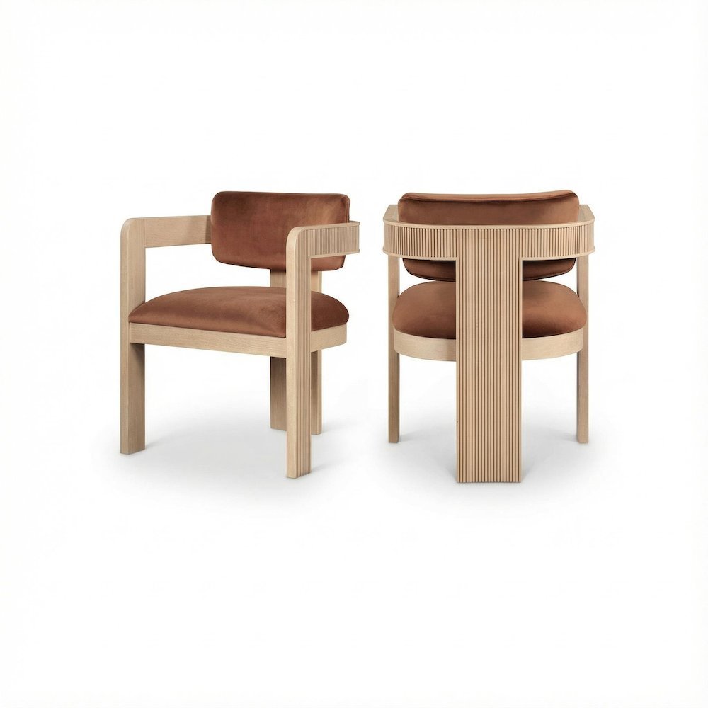 Neutral Velvet Dining Chair Set of 2 with Armrests and Art Deco Design