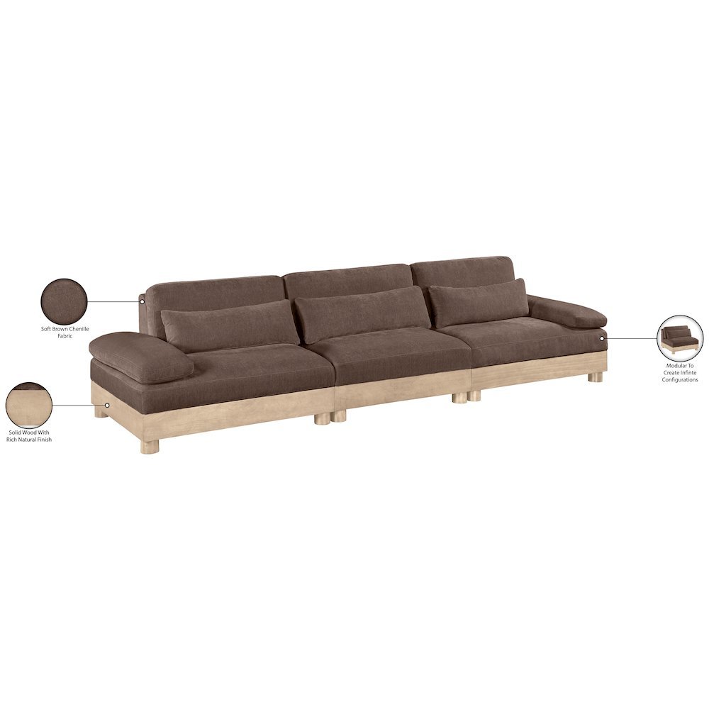 Turin 135.5" Brown Chenille Fabric Upholstered 3pc. Modular Sofa