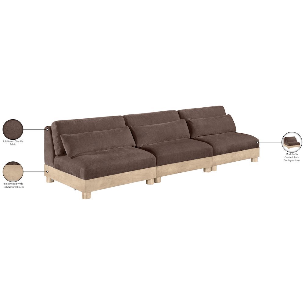 Turin 120" Brown Chenille Fabric Upholstered 3pc. Modular Sofa