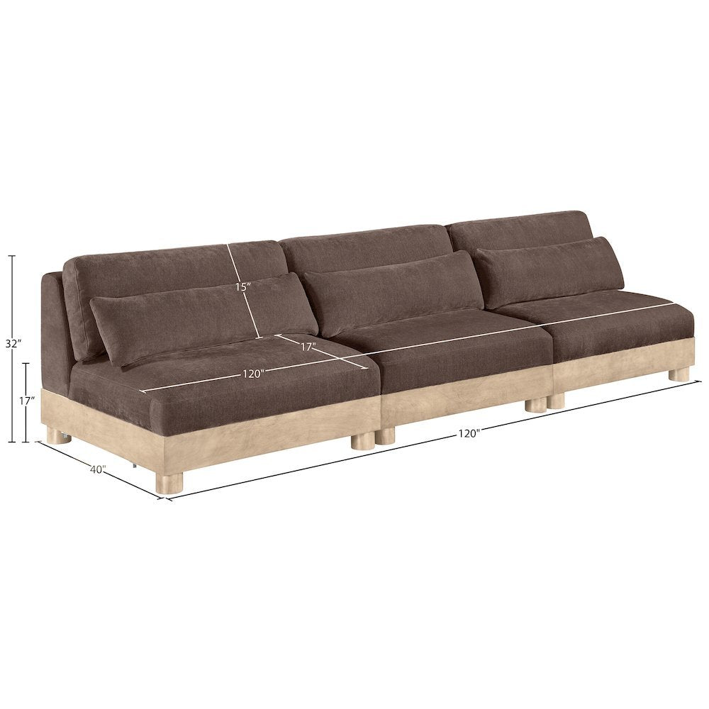 Turin 120" Brown Chenille Fabric Upholstered 3pc. Modular Sofa