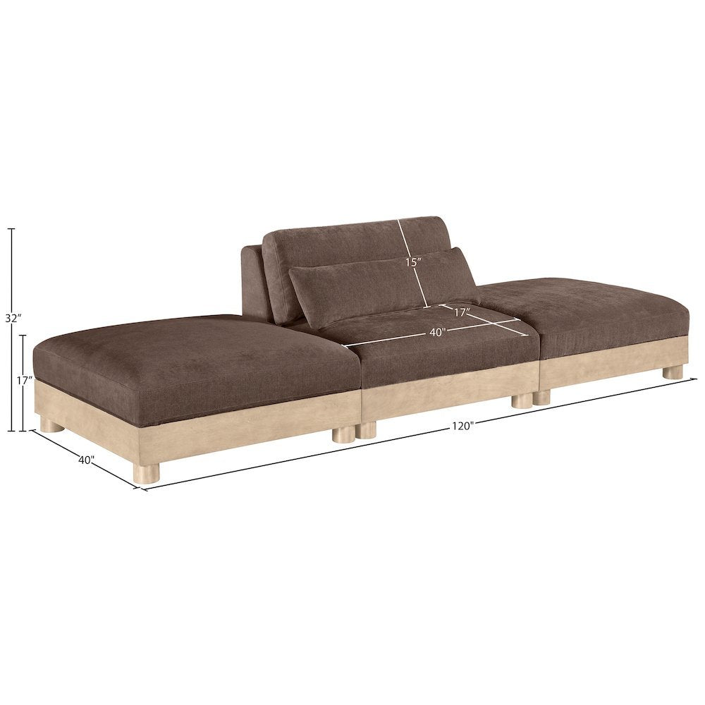 Turin 120" Brown Chenille Fabric Upholstered 3pc. Modular Sofa