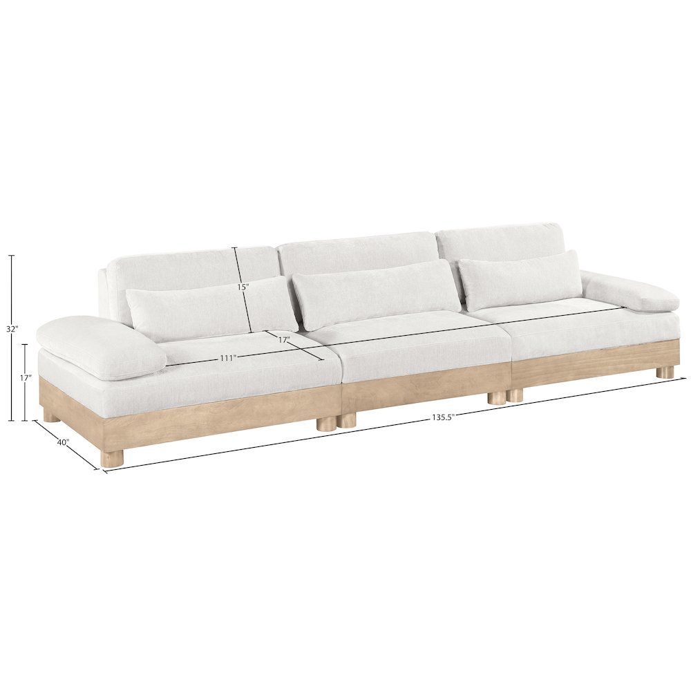 Turin 135.5" Cream Chenille Fabric Upholstered 3pc. Modular Sofa