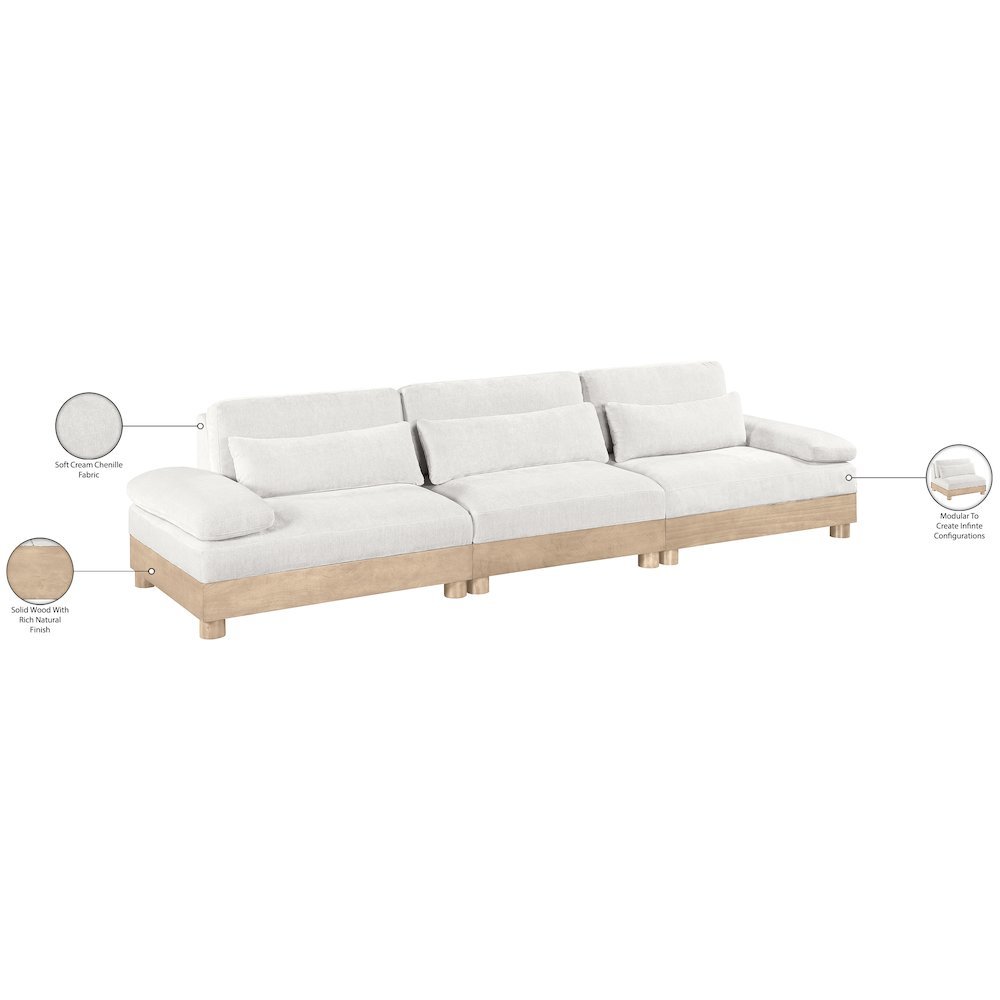 Turin 135.5" Cream Chenille Fabric Upholstered 3pc. Modular Sofa