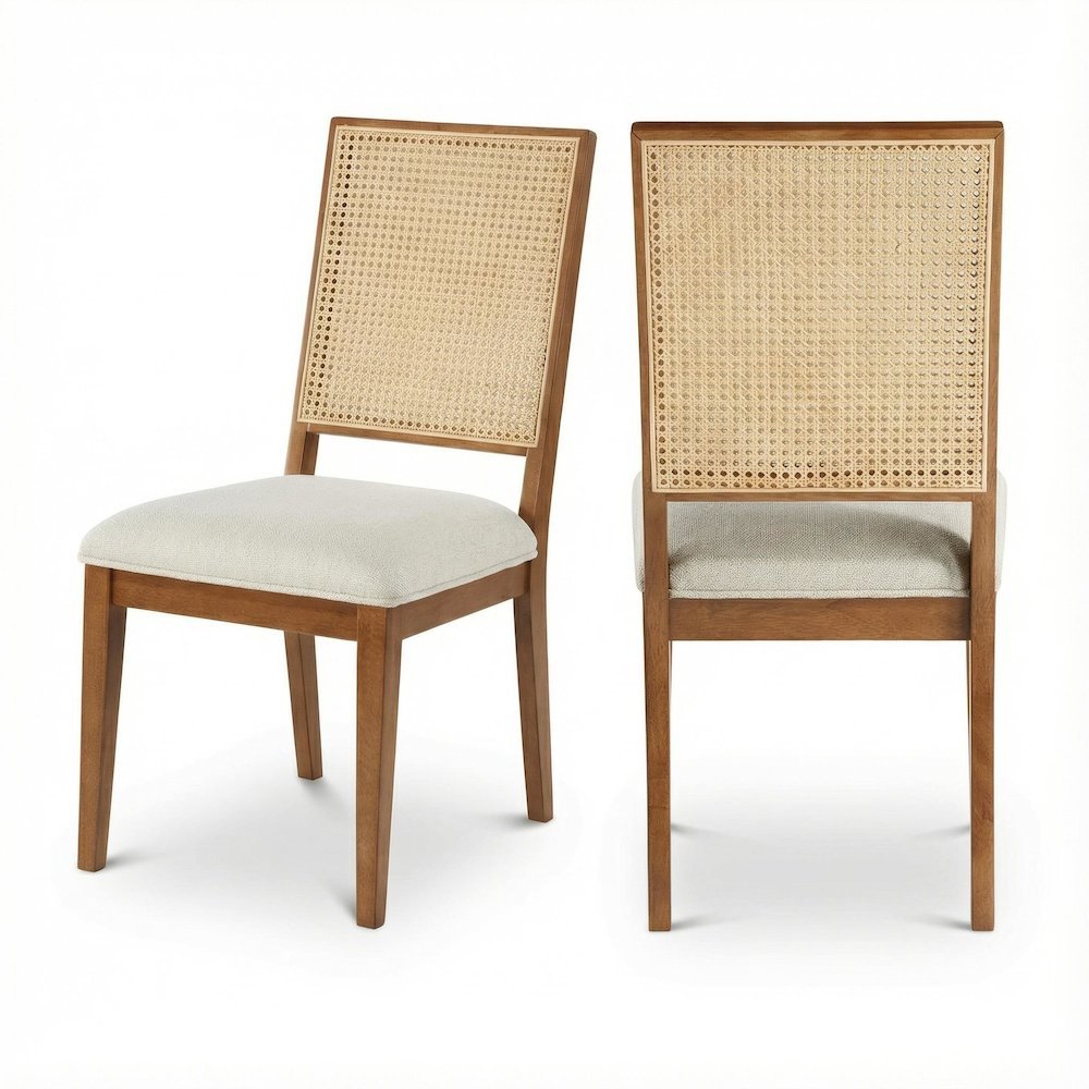 Walnut Linen Textured Dining Chair Set of 2 with Mid-Century Backrest