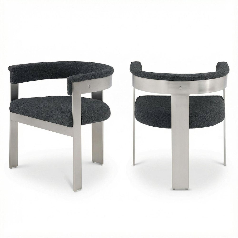 Boucle Fabric Dining Chairs in Black with Brushed Chrome Frame, Set of 2