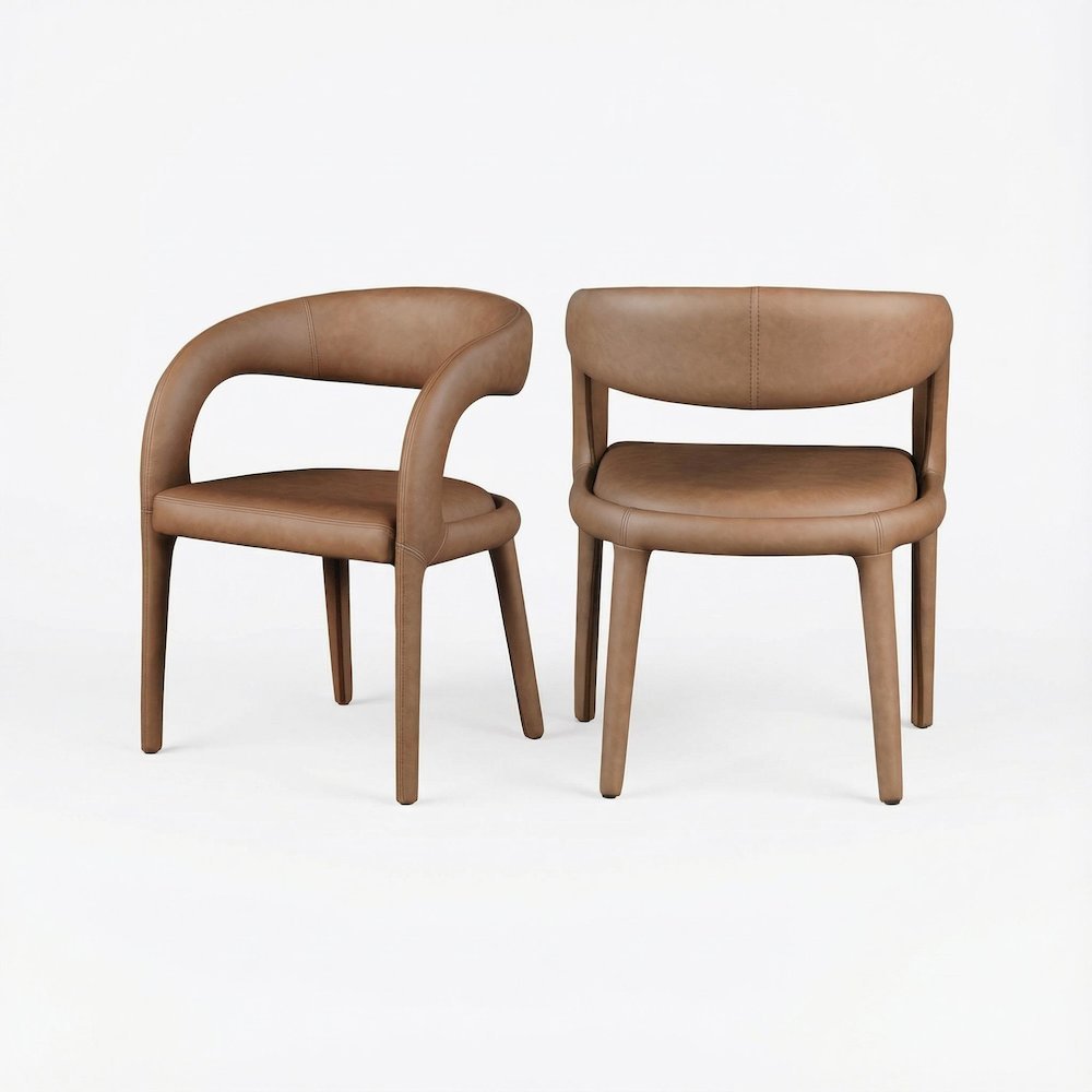 Brown Vegan Leather Dining Chair with Armrests and Cushioned Seat