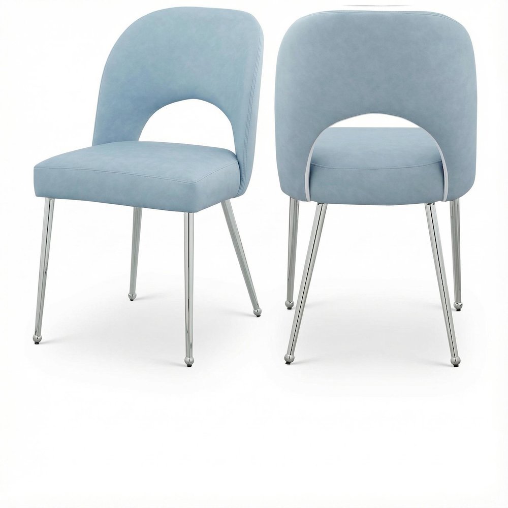 Chrome Light Blue Dining Chair Set of 2 with Vegan Leather Upholstery