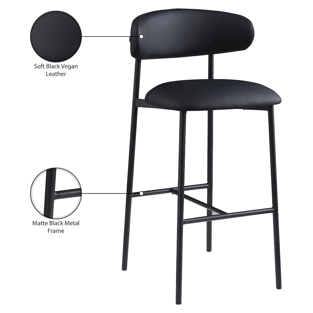 Lupita Black Vegan Leather Upholstered Bar Stool, Set of 2