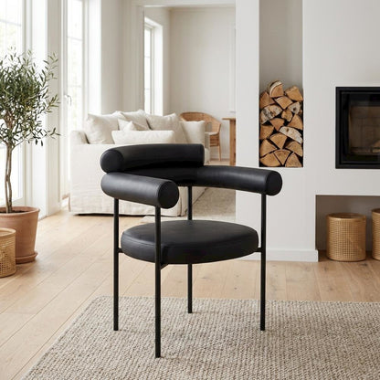Matte Black Vegan Leather Dining Chairs Set of 2 with Armrests