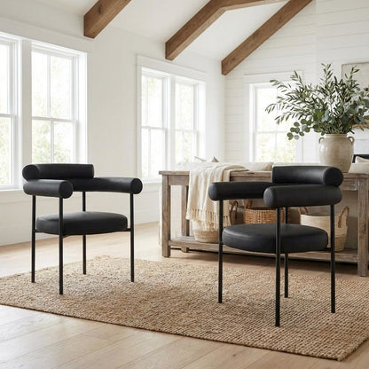 Matte Black Vegan Leather Dining Chairs Set of 2 with Armrests