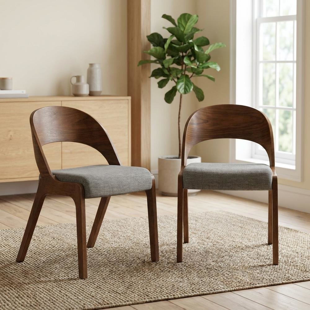 Walnut-Finish Dining Chairs Set of 2 - Gray Linen Textured Fabric, Mid Century
